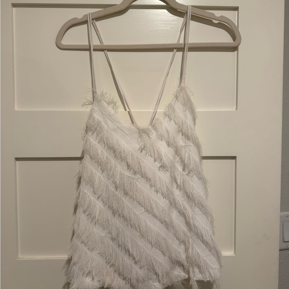 Feather-Trim White Spaghetti Strap Camisole